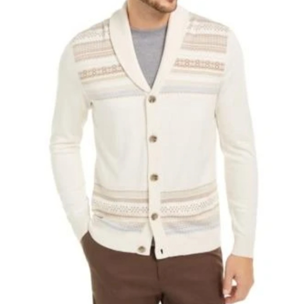 Tasso Elba Men's Geo Stripe Shawl Collar Cardigan Small